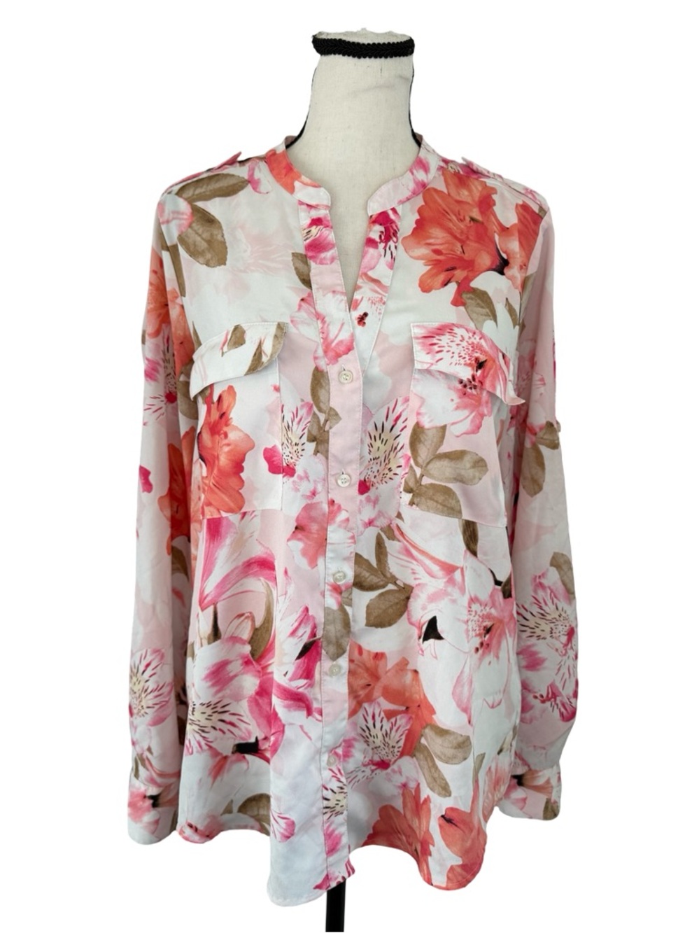Calvin Klein Floral Blouse Large Pink White Button Front Convertible Sleeve Top